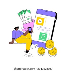 Ilustración abstracta del vector de concepto de monetización de aplicaciones. Publicidad de aplicación móvil, métodos de promoción de descarga de aplicaciones, atracción de usuarios móviles, lanzamiento de inicio, metáfora abstracta de posición de mercado.