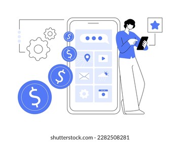 Ilustración abstracta del vector de concepto de monetización de aplicaciones. Publicidad de aplicación móvil, métodos de promoción de descarga de aplicaciones, atracción de usuarios móviles, lanzamiento de inicio, metáfora abstracta de posición de mercado.