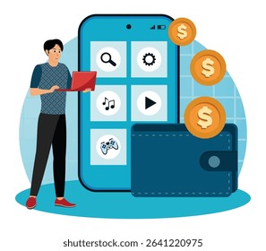 App monetization concept. Blog content and generating income with ad placements and sponsor partnerships Influence business.