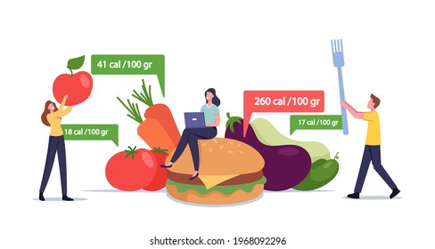 App for Nutrition and Dieting Concept. Tiny Male and Female Characters at Huge Healthy and Unhealthy Meals Counting Calories Using Application for Weight Loss. Cartoon People Vector Illustration