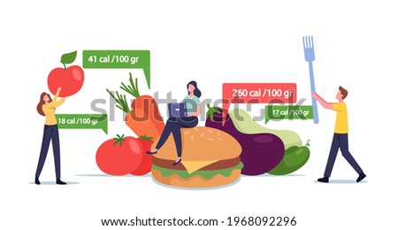 App for Nutrition and Dieting Concept. Tiny Male and Female Characters at Huge Healthy and Unhealthy Meals Counting Calories Using Application for Weight Loss. Cartoon People Vector Illustration