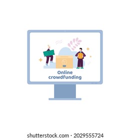 Aplicación en pantalla de computadora para inversiones de crowdfunding en línea a ideas de negocios, proyectos y startups. La gente brinda apoyo financiero a los empresarios a través de Internet. Vector.