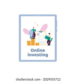 App on tablet screen for online crowdfunding investment to business ideas, projects and startups. People provide financial support to entrepreneurs via internet. Vector illustration
