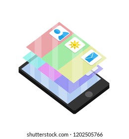 The app on your smartphone with layers of pages. Color tabs on the monitor. The use of modern gadget and digital technologies.
