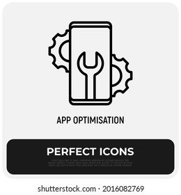 App optimization thin line icon, smartphone with wrench and cogwheels. Modern vector illustration of app development.