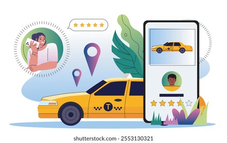 App pidiendo taxi. La mujer pide un coche. Infraestructura de la ciudad. Viajes y turismo, viajes. Aplicación para viajeros y turistas. Ilustración vectorial plana aislada sobre fondo blanco