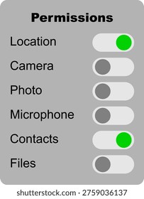 App permissions settings interface with toggle switches, mobile privacy and security control menu, digital data access management vector isolated on Transparent Background