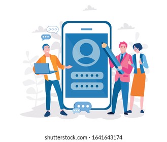 App with personal info. Build a customer profile in a mobile application. Vector illustration for web banner, infographics, mobile website. Data analysis and office situations.