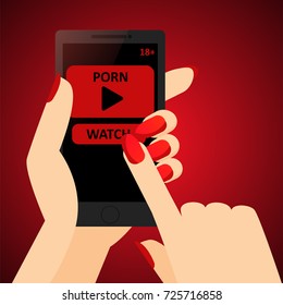 An app with a porn site in a woman's hand. Play the video. Eighteen plus content.  Vector flat banner