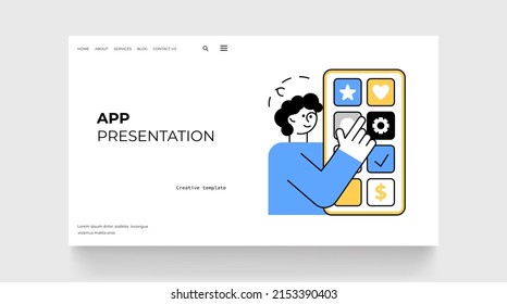App presentation landing page. Man with mobile phone. User testing app. Outline character on white background