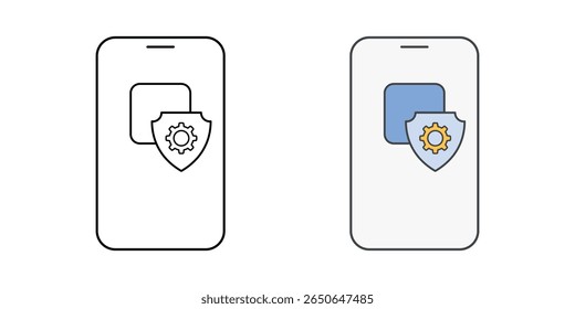 Symbol für App-Datenschutzeinstellungen mit mobiler App, Ausrüstung und Schildsymbol, ideal für App-Sicherheit, Benutzerdatenschutz und Illustrationen zum digitalen Schutz.