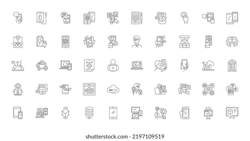 App programming concept illustration, linear icons, line signs set, vector collection