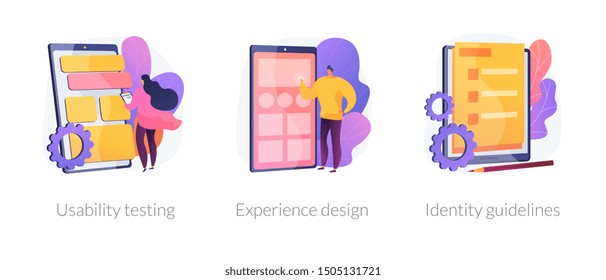 App prototyping icons set. User friendly interface development, branding plan. Usability testing, experience design, identity guidelines metaphors. Vector isolated concept metaphor illustrations