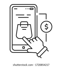 Icono de línea negra de compra de la aplicación. Se refiere a la compra de bienes y servicios desde el interior de una aplicación en un dispositivo móvil. Elemento de diseño GUI de UI UX. Trazo editable.