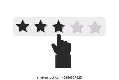 App rating 3 stars black and white vector illustration on white background. The hand gives a rating, feedback, comment. Average score. Rating for the product.