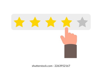 
App rating 4 stars. Classification positive customer feedback concept – vector illustration. Hand evaluate positive rating. 4 yellow stars in a row bisolated on white background. Flat design.