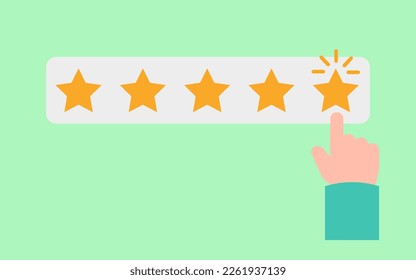 App rating 5 points flat vector illustration on green background. Star rating, star classification positive customer reviews feedback concept. 
Finger marks, people leave feedback and comments. 