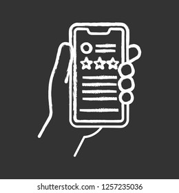 App rating chalk icon. Customer feedback application. Ranking. Reviews. Hand holding smartphone. Isolated vector chalkboard illustration