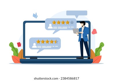 app rating concept, Person Character Giving Five Star Feedback. customer reviews. Starred reviews with good and bad rates and text. technology, customer satisfaction, reviews, ui and ux, social media.