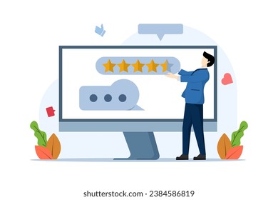 app rating concept, Person Character Giving Five Star Feedback. customer reviews. Starred reviews with good and bad rates and text. technology, customer satisfaction, reviews, ui and ux, social media.
