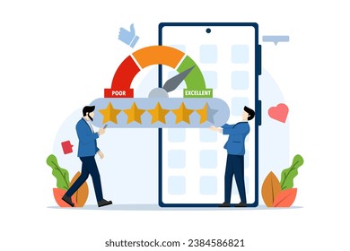 app rating concept, Person Character Giving Five Star Feedback. customer reviews. Starred reviews with good and bad rates and text. technology, customer satisfaction, reviews, ui and ux, social media.