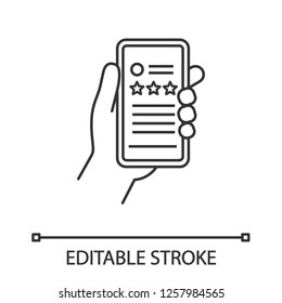 App rating linear icon. Customer feedback application. Thin line illustration. Ranking. Reviews. Hand holding smartphone. Contour symbol. Vector isolated outline drawing. Editable stroke