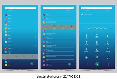  App screen Contacts, Recents, Keypad design UI kit.