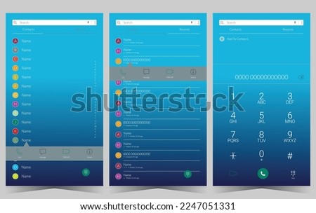  App screen Contacts, Recents, Keypad design UI kit.