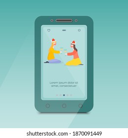 App Screen on the Smartphone with two friends having a glass of white bubbling wine while wearing a masks. Illustration of Safe Christmas celebration on the Pandemic.