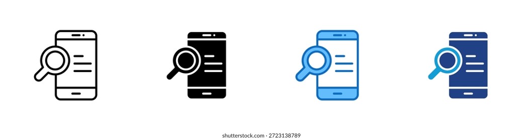 Vector de diseño de íconos de estilo múltiple de Búsqueda App: teléfono inteligente con lupa, que representa la búsqueda móvil, la exploración del App o la búsqueda de contenido