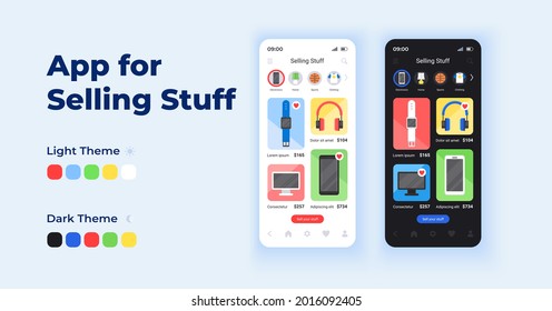 App for selling stuff cartoon smartphone interface vector templates set. Mobile app screen page day and dark mode design. Marketplace platform UI for application. Phone display with flat character