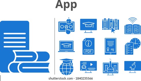 app set. included chemistry, tablet, student-laptop, pdf, instructor, test, online-learning, school, book, student-desktop, microscope icons. filled styles.