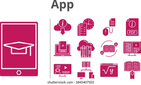 app set. included cloud, feedback, ebook, pdf, test, instructor, school, learn, maths, student-tablet, information, click icons. filled styles.