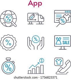 app set. included online shop, profits, discount, phone call, delivery truck, internet, stopwatch icons. bicolor styles.