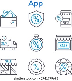 app set. included online shop, wallet, shop, warranty, discount, delivery truck, stopwatch, internet icons. bicolor styles.