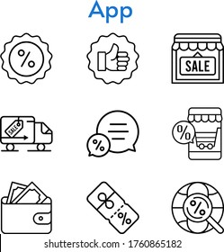 app set. included online shop, shop, wallet, like, chat, discount, delivery truck, internet icons. linear styles.