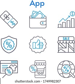 app set. included profits, online shop, wallet, shop, like, discount, warranty, internet icons. bicolor styles.