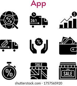 app set. included profits, wallet, shop, discount, delivery truck, internet, stopwatch icons. filled styles.