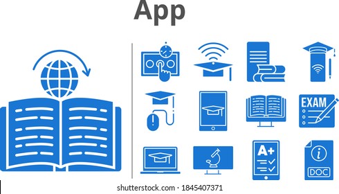 App-Set. beinhaltet Smartphone, Test, Lernen, Mikroskop, Prüfung, Reader, Cap, E-Book, Schüler-Laptop, Online-Lernen, E-Learning, Schüler-Tablet, doc Icons. gefüllte Stile.
