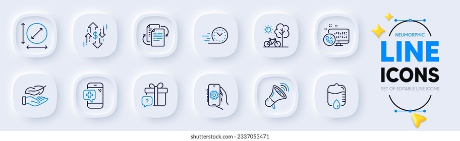 App settings, Bureaucracy and Circle area line icons for web app. Pack of Dollar rate, Fast delivery, Lightweight pictogram icons. Web call, Secret gift, Bicycle signs. Medical phone. Vector