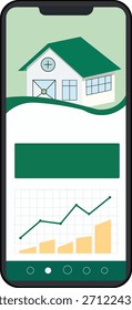 El App muestra un ícono de la casa, una barra de progreso y un gráfico financiero, todo en una pantalla de teléfono inteligente