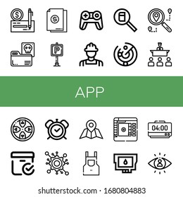 app simple icons set. Contains such icons as Check, Documents, Document, Parking, Gamepad, Engineer, Search, Radar, Speech, Checked box, Alarm clock, can be used for web, mobile and logo