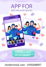 App für spektakuläre Selfies Concept Poster. Freunde machen Foto mit Filtern und posieren zusammen