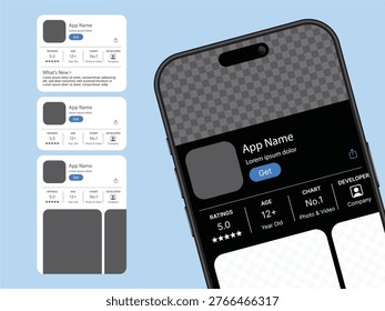 App Store UI Mockup on Smartphone – Mobile App Download Page Interface with Ratings, Reviews and Install Button Vector