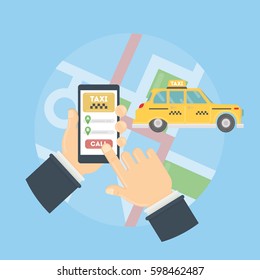 App for taxi. Man holds hand with smarthone. Application for calling taxi. Yellow car on the city map.