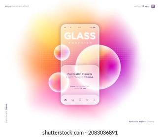 App template in glass morphism style. Screen of smartphone. Translucent, frosted glass and abstract fantastic planets. Place for your text.