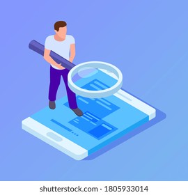 App tester. Isometric man testing mobile app. Man with magnifying glass looks at screen of smartphone vector illustration