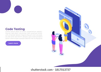 App tester. Software or application testing  isometric vector concept.  Debugging development process. Vector illustration.