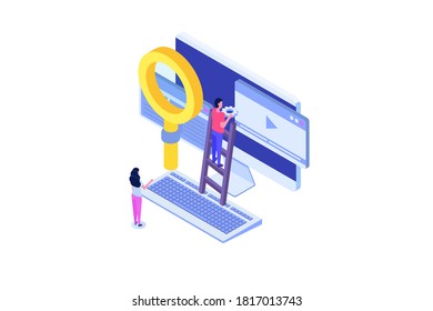 App tester. Software or application testing  isometric vector concept.  Debugging development process. Vector illustration.