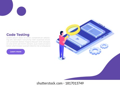 App tester. Software or application testing  isometric vector concept.  Debugging development process. Vector illustration.